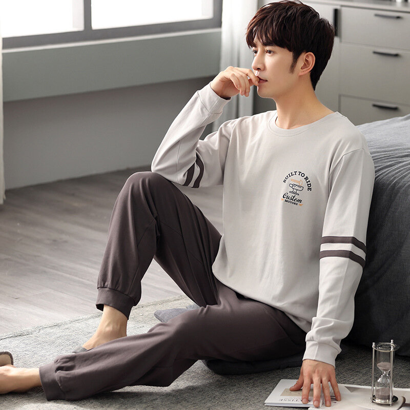 Piżama męska komplet bawełniana bielizna nocna koreańska luźna odzież domowa okrągłe wycięcie pod szyją komplety ze spodniami nadruk kreskówkowy Homewear męska piżama wiosna