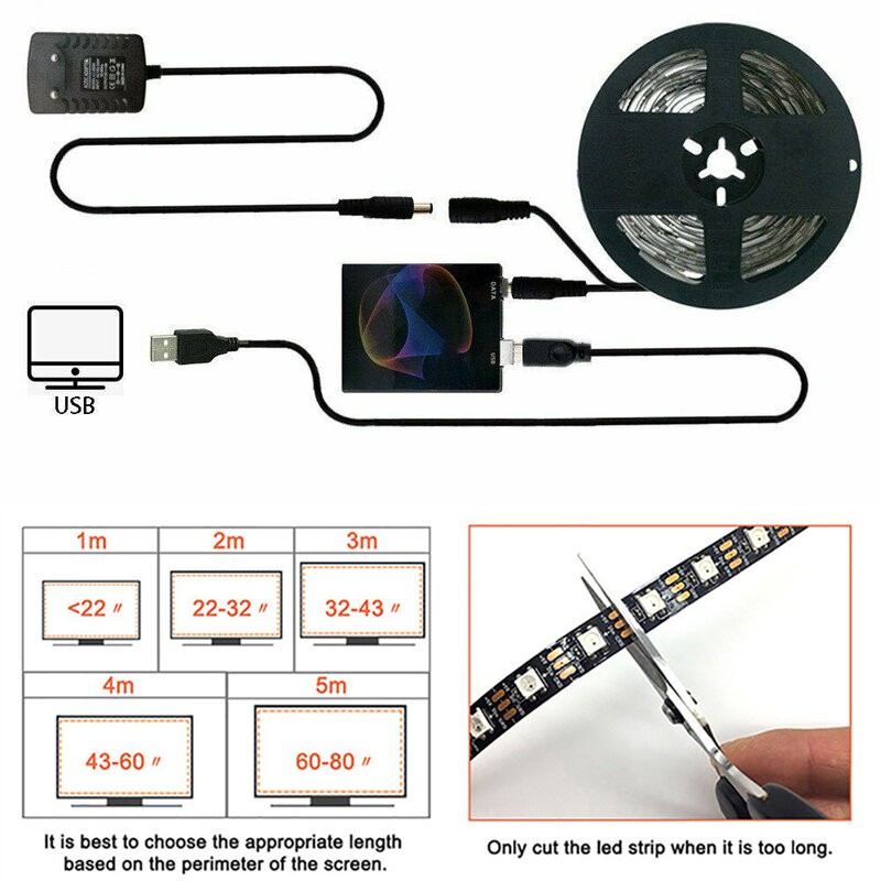 Bande lumineuse LED d'ambiance synchronisée WS2812b 5V, couleur de rêve, lumière de salle de jeu pour PC, écran symphonie, rétro-éclairage 2 3 4 5m