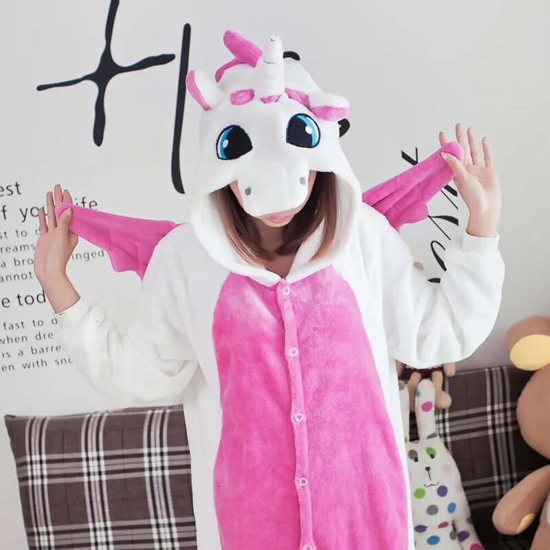 Winter Pink Unicorn Pajamas Kigurumi Animal Sleepwear Onesies Women Men Unisex Adult Flannel Nightie Unicornio Home Clothes Sets