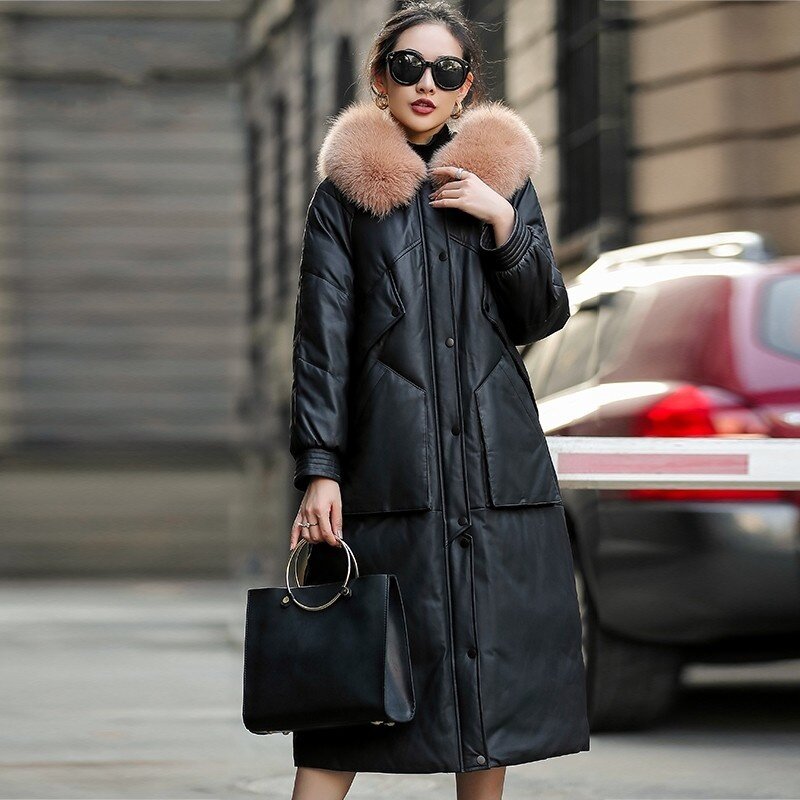 Sheep leather jacket, high quality, long jacket, winter jacket, feminine, fox skin collar, hooded jackets, women's luxury