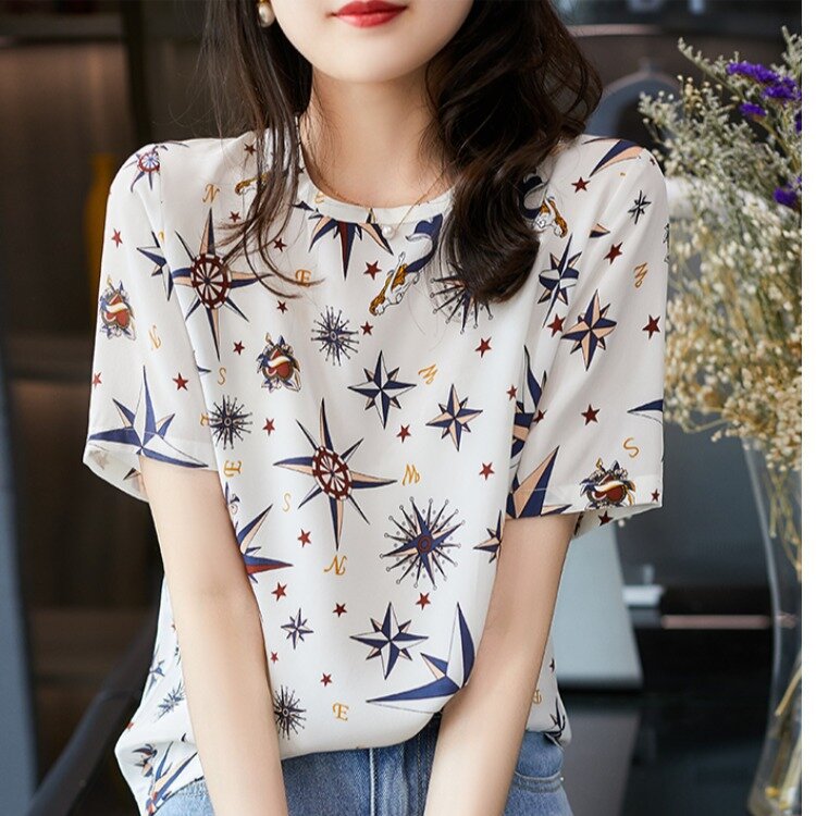 2021 여름 새 라운드 넥 뷰티 블라우스 여성 루스 프린트 반소매 쉬폰 셔츠 빈티지 streetwear 레귤러 쉬폰