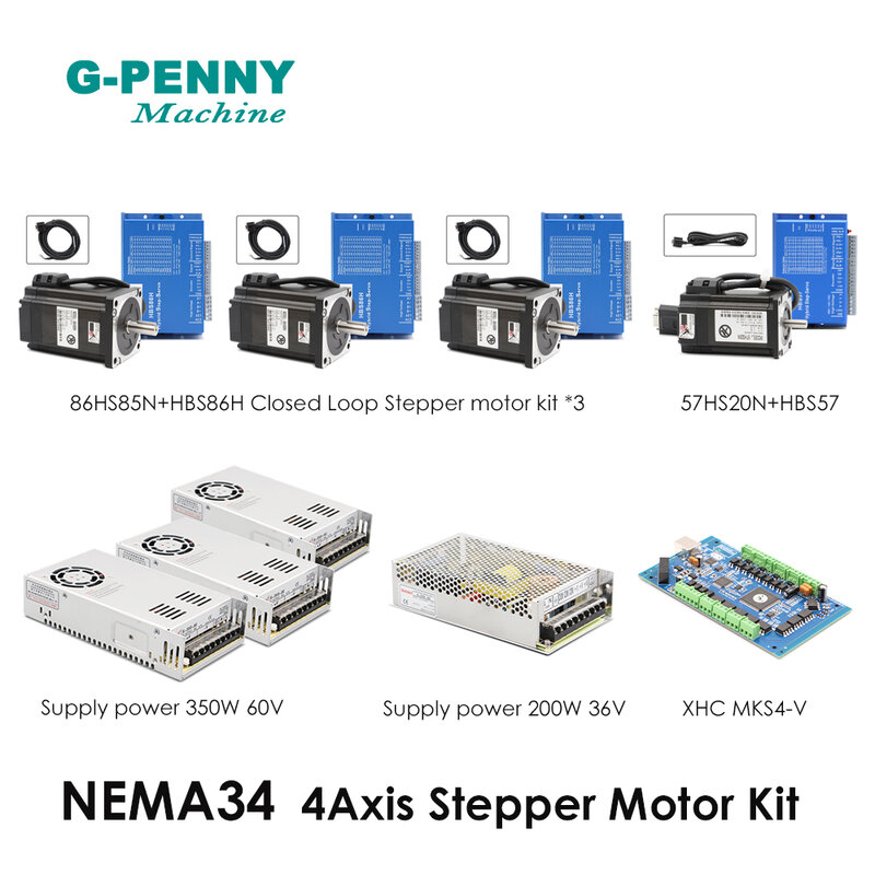 Nema34/23 4แกน CNC Controller ชุด86*85 57*20ปิด Loop มอเตอร์ + MKS/XHC/ET/DDCSV3.1 Controller + 350W60V + 200W36V