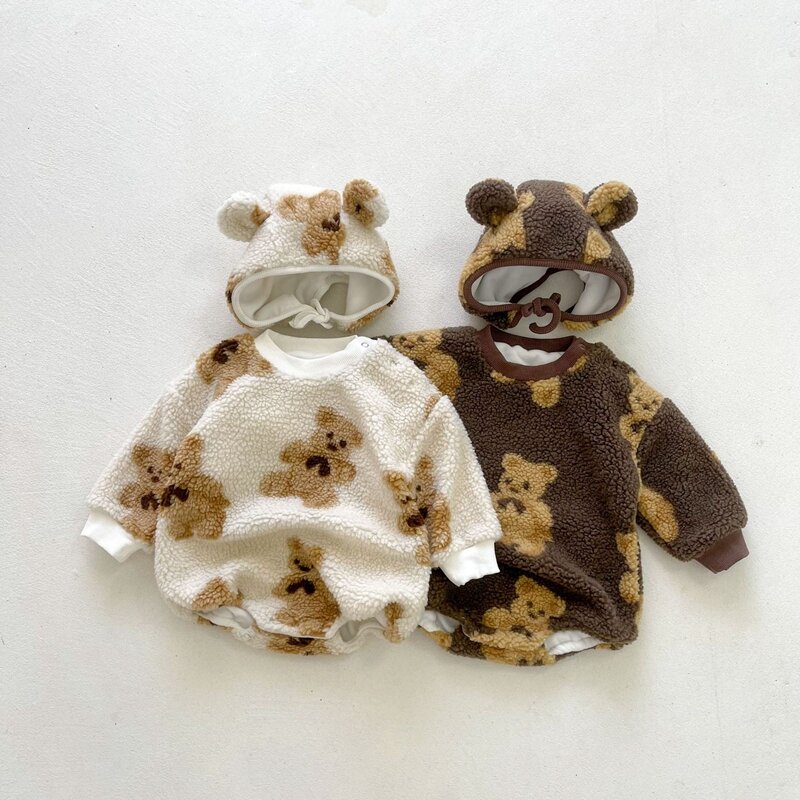 2021 noworodka Romper zimowy kostium dla dzieci chłopców polarowe ciepłe ubrania 2PC dziewczynek zestawy odzieżowe niedźwiedź ogólnie kombinezon pajacyki