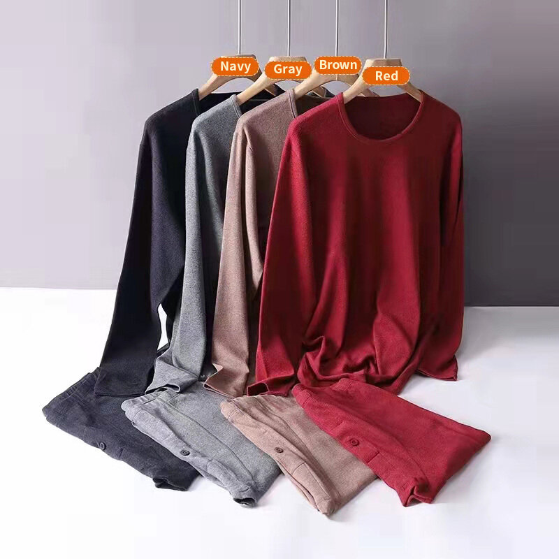Conjunto de ropa interior térmica para hombre, ropa de algodón sin huellas, con cuello redondo, de otoño