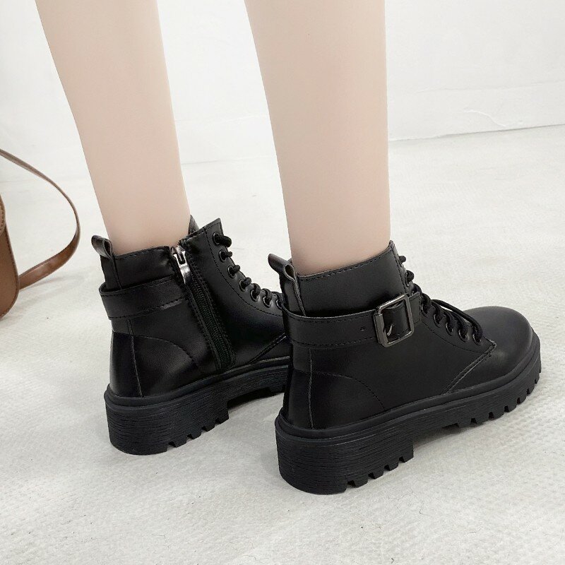 2021 Popular Autumn New Fashion Handsome Lace Up Motorcycle Boots Thick Soled Casual Round Toe Women Botines Mujer  Women Shoes