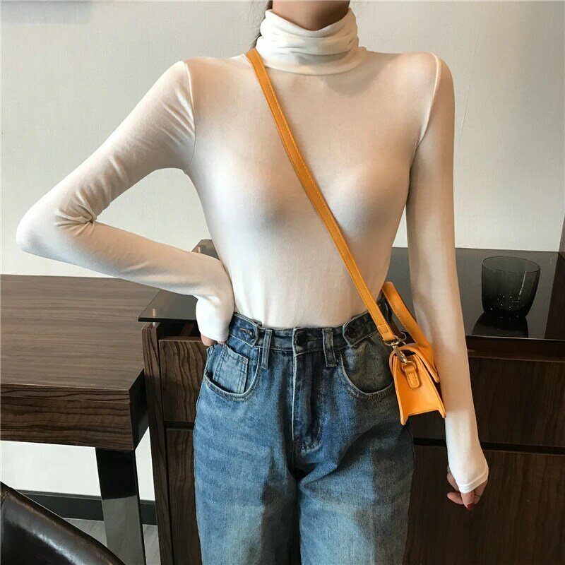Cationic Spring New High Neck Bottoming Shirt for Women Dralon Solid Color Warm Velvet Padded Thickened Long Sleeve Inner Wear