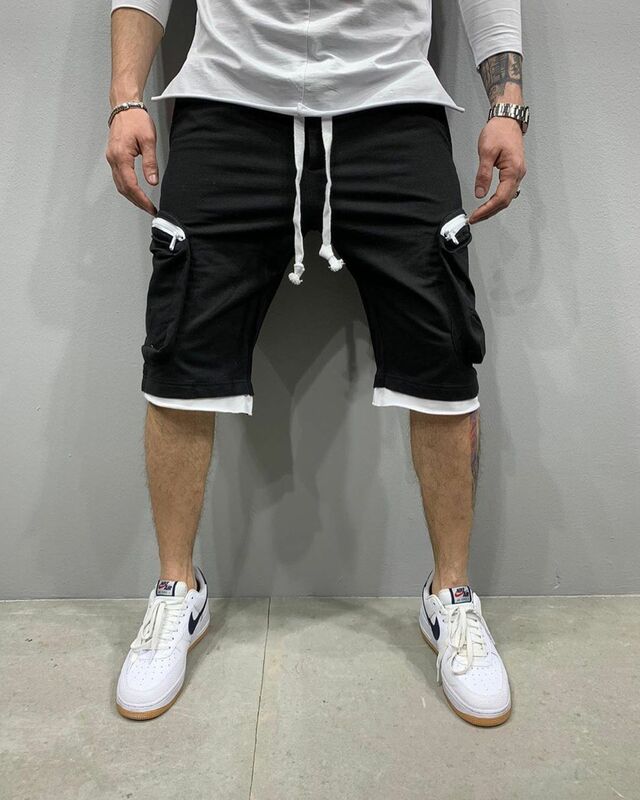 Verão novo músculo calças de fitness bolsos do esporte ieisure hip-hop iace-up macacão 5 minutos de calças