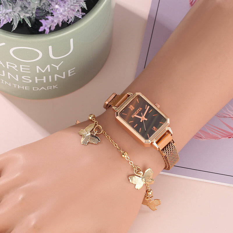 Frauen Uhren Fashion Square Damen Quarzuhr Armband Set Grün Dial Einfache Rose Gold Mesh Luxus Frauen Uhren