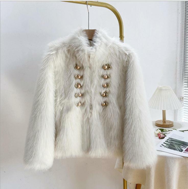 White Women British Style Imitation Fox Fur Jackets Short Section Female Elegant Long Sleeves Warm Fake Fur Outwears K1561