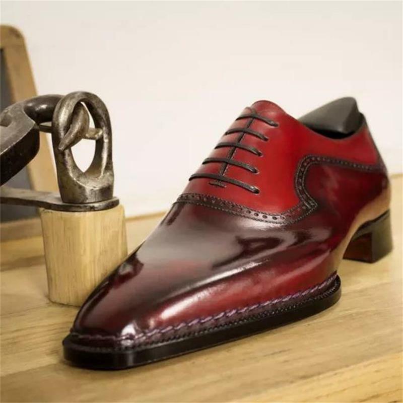New Men Shoes Handmade Red PU Square Head Low-heel Stitching Hollow Lace-up Fashion Business Casual Dress Oxford Shoes HL823