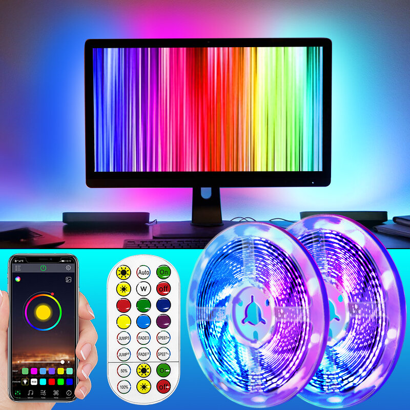 Lampu Garis LED RGBWW Bluetooth Kompatibel RGB Putih Hangat, Pita Fleksibel, Lampu Led DIY Dioda Pita RGB dengan Adaptor