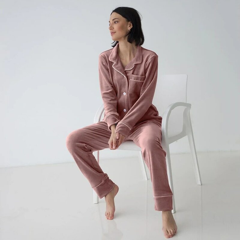 Hiloc veludo elegante pijamas para mulher sleepwear turn down collar outono terno camisola quente único breasted veludo calças terno