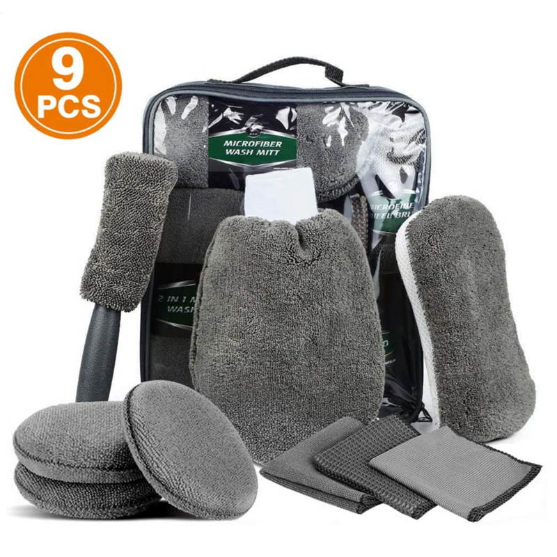 9 pçs kits de limpeza de lavagem de carro microfibra auto detalhamento ferramentas de lavagem toalhas blush esponja lavagem luva polonês cuidados aplicador almofadas