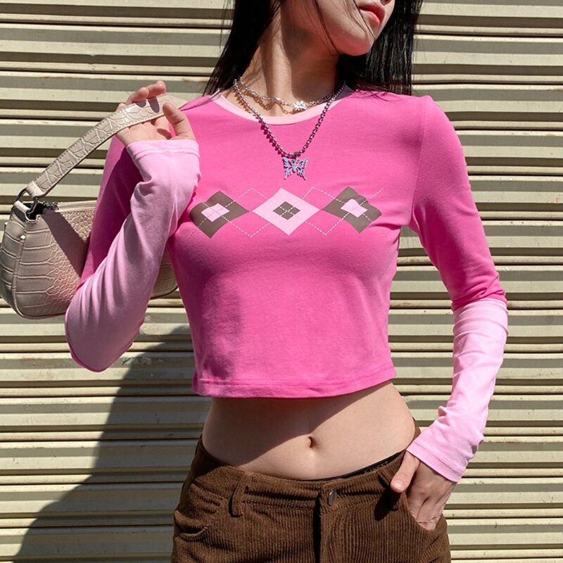 Women Long Sleeve O-Neck T Shirts Color Block Argyle Plaid Print Slim Crop Top X3UE