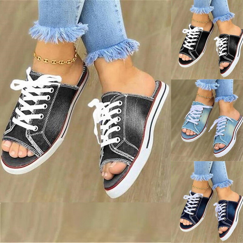 Sandalias de lona transpirables para Mujer, Zapatos planos con cordones y Punta abierta, falso tejano, para verano, 2020
