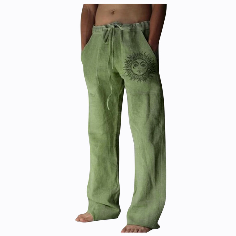 62# Summer New Vintage Men's Cotton Linen Oversized Jogger Trousers Hip Hop Sun Print Male Plus Size Loose Wide Leg Pants Men