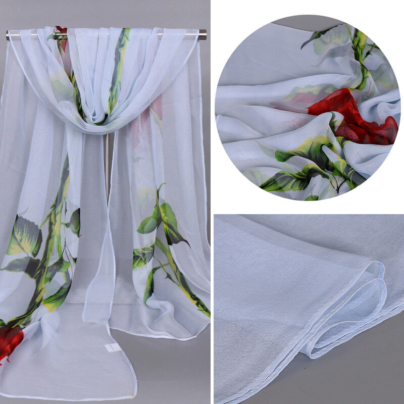 Nouveau 1 pièces femmes longue douce dame châle en soie Rose fleur imprimé foulard en mousseline de soie
