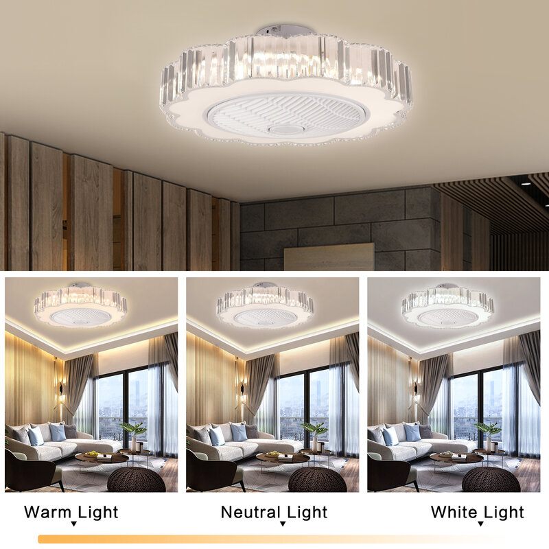 OUKANING Moderne LED Decke Licht, Kristall Kronleuchter 3 Farbe Ändern mit Fernbedienung, Einstellbare Wind Geschwindigkeit, für Wohnzimmer Bedr