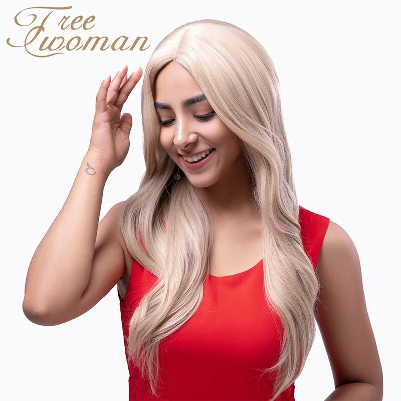 Freewoman peruca longa e ondulada loira, 20 polegadas, parte média, cabelo sintético, com fibras naturais, resistente ao calor, para mulheres, cabelo de festa