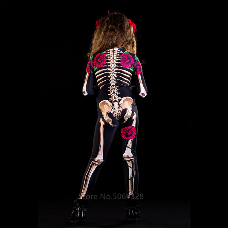 Combinaison squelette Rose Sexy pour femmes, Costume effrayant de carnaval, Halloween, fête, fête, bébé fille, journée des morts
