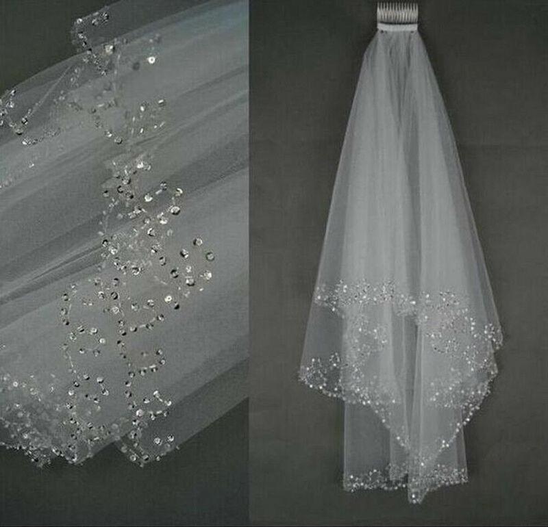 Novo 2 camadas branco/marfim lantejoulas frisado borda casamento véu de noiva com pente