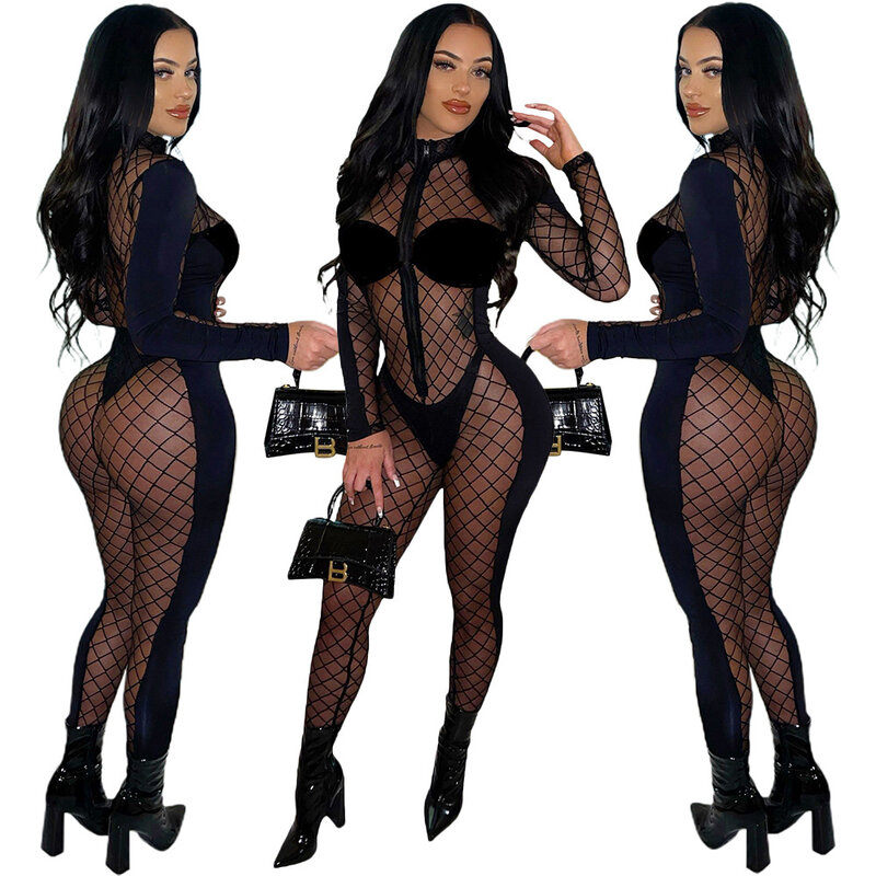 Black Mesh See Through Long Sleeved Jumpsuit Fashionable Sexy Women's High Waist Zipper Tight Trousers 2022 Spring Casual Wear