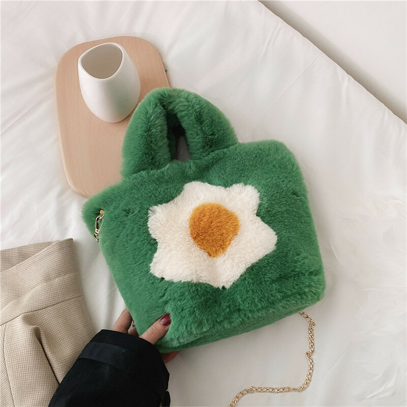 Women  Plush Handbag Cute Egg Yolk Print Bags Fashion Shoulder Crossbody Bag Female Soft Warm Faux Fur Bag Girl Christmas Gift