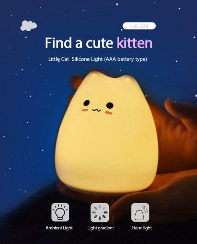Lâmpada de silicone com desenho de gato, luz noturna pequena, led que muda de cor, lâmpada colorida, portátil, iluminação para o quarto, casa