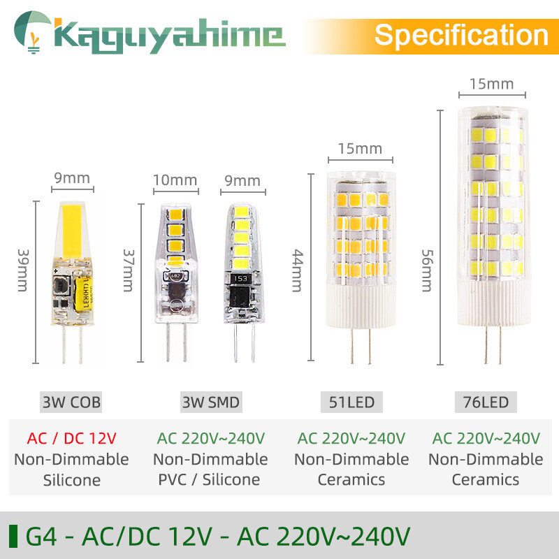 Kaguyahime LED COB G4 G9 E14 lámpara regulable bombilla AC/DC 12V 3w 5w 6W 220V LED G4 G9 bombilla para la lámpara de araña reemplazar lámpara halógena