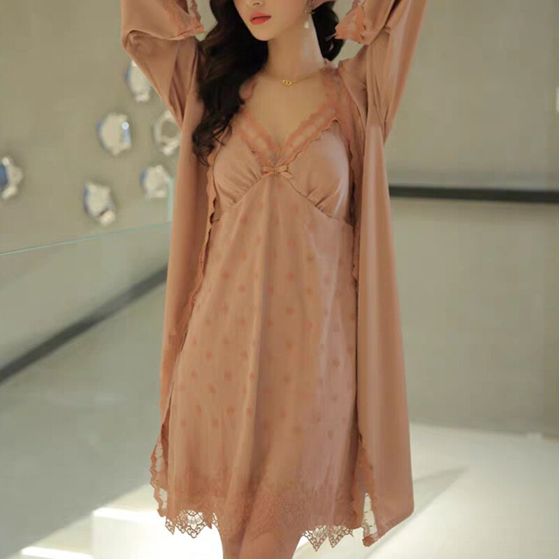 2021 New Pajamas Women's Ice Silk Nightgown  Women's Summer Thin Sexy Lace High-grade Nightdress  Women's Spring And Autumn