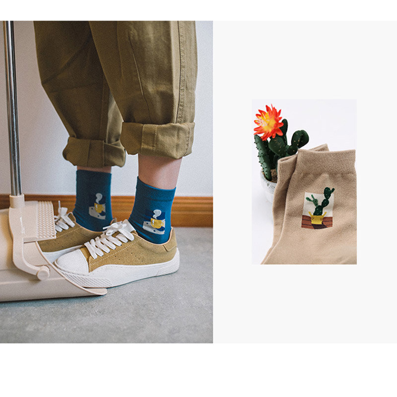 Chaussettes amusantes en coton pur pour femmes, 1 paire, nouvelle collection, motif plante Jacquard, Cactus sauvage mignon, Kawaii