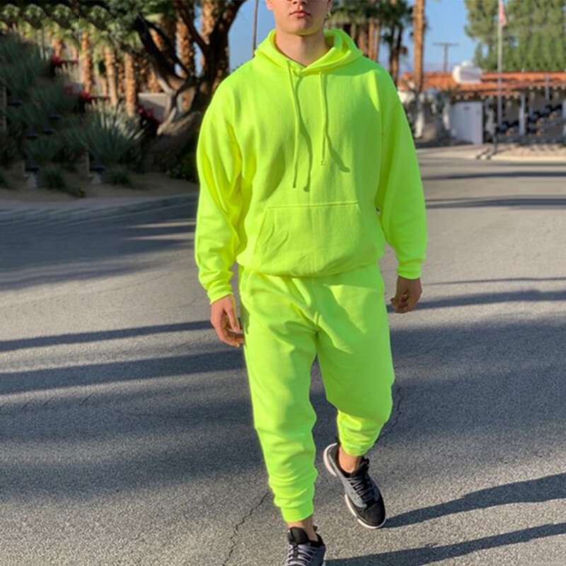 Neon Green Style Men's Fashion Tracksuit Solid 2 Pieces Long Sleeve Hoody+Loose Swearpants Casual Sportsuit Men 2021 Newest OMSJ