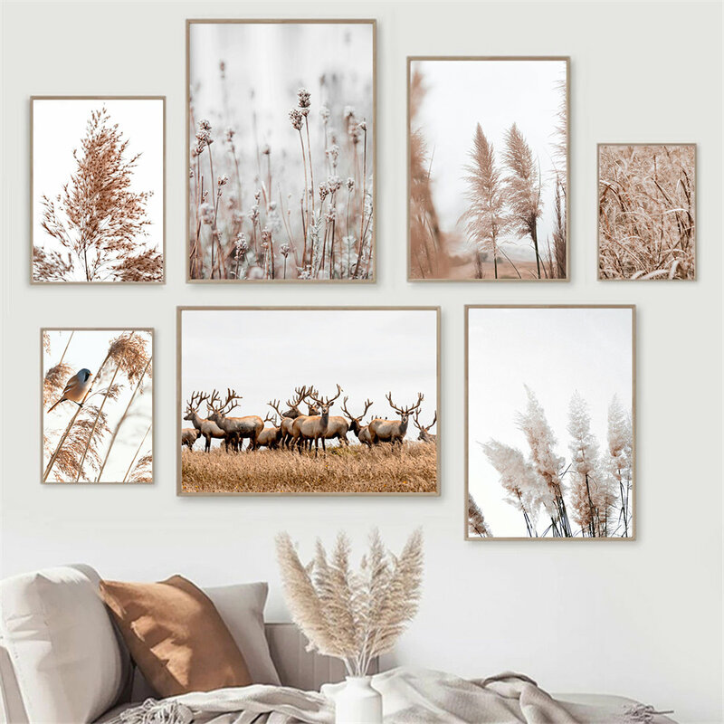 Dried Flower Grass Reed Bird Plants Wall Art Canvas Painting Animal Deer Print Poster Landscape Nordic Wall Pictures Home Decor