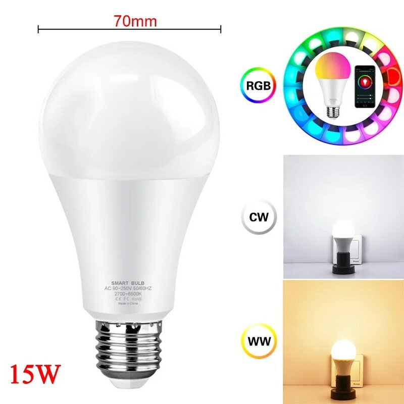 Tuya Smart светильник лампочка 15 Вт Цвет меняющийся WiFi светильник E27 цветная (RGB) Светодиодная лампа с регулируемой яркостью Совместимость прило...