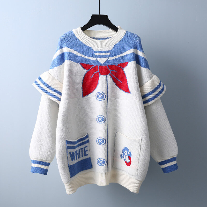 Jersey holgado de estilo universitario para mujer, suéter azul, medio y largo, versión coreana, Otoño e Invierno