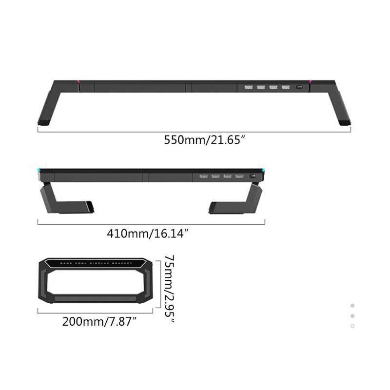 T1 Universal Monitor Stand Riser RGB Support with 4 USB3.0 Charging Desk Organizer Holder Bracket for Laptop Computer