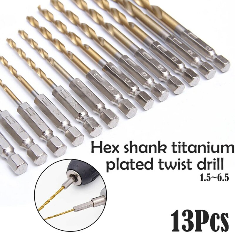 13pcs HSS Drill Bit Set High Speed Steel Titanium Coated Drill Bit 1/4 Hex Shank 1.5-6.5mm Hexagonal Handle Twist Drill