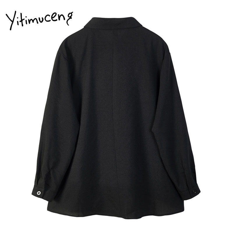Yitimuceng assimétrico bordado blusa camisa feminina manga botão acima camisas em linha reta preto 2021 primavera nova moda casual topos