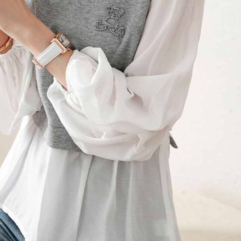 Женская шифоновая блузка в стиле пэчворк, с круглым вырезом