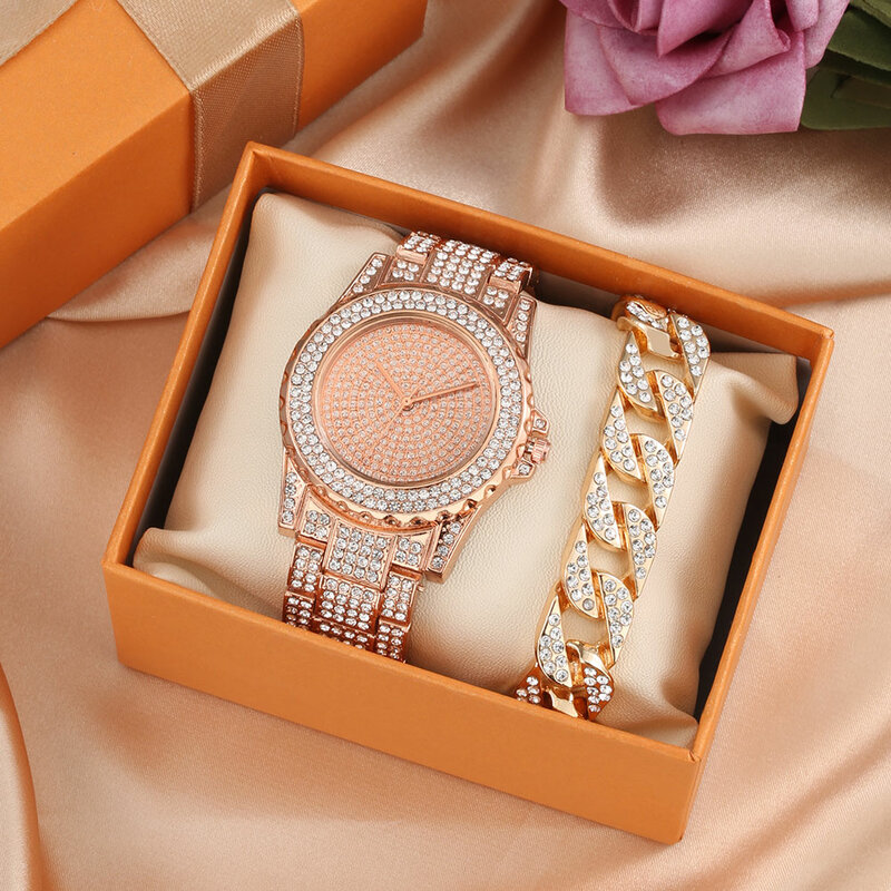 Reloj de lujo con diamantes para Mujer, conjunto de pulsera de cuarzo con banda de oro rosa, relojes femeninos elegantes, conjunto de 2 piezas