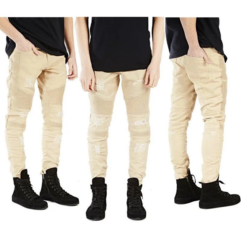 Модные рваные байкерские джинсы мужские зауженные джинсовые штаны в стиле хип-хоп для мужчин стрейч джинсы homme карандаш плиссированные джи...