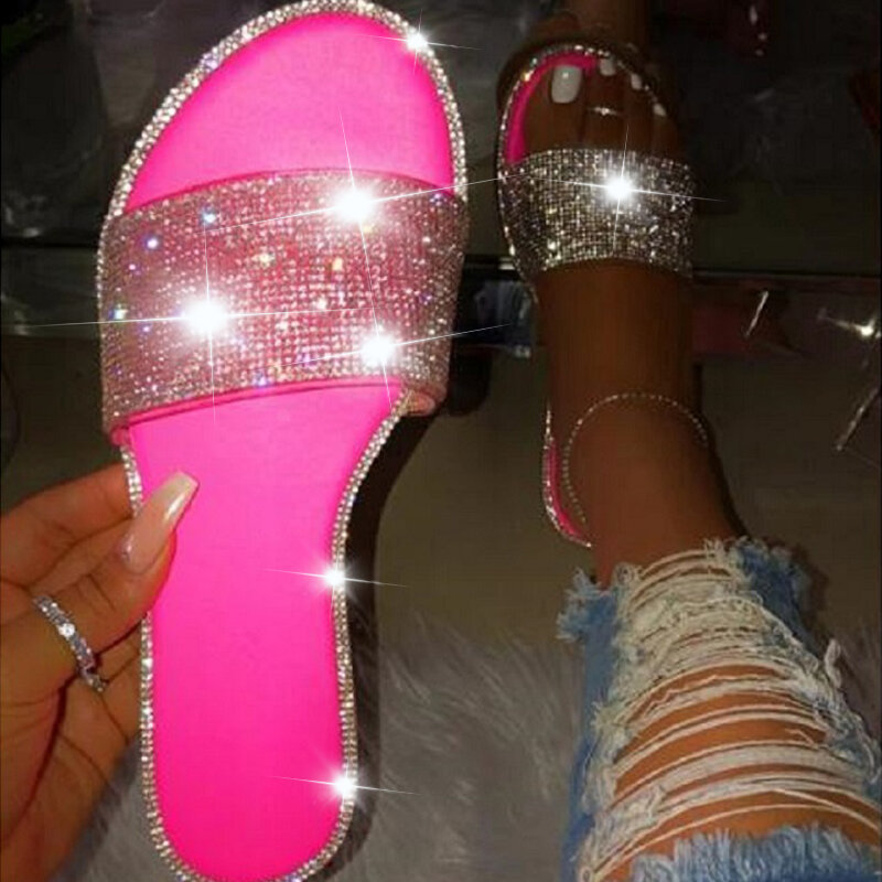 Pantofole glitterate sandali estivi donna 2021 moda Bling donna colore caramella infradito scarpe basse da spiaggia con diamanti sandali da esterno