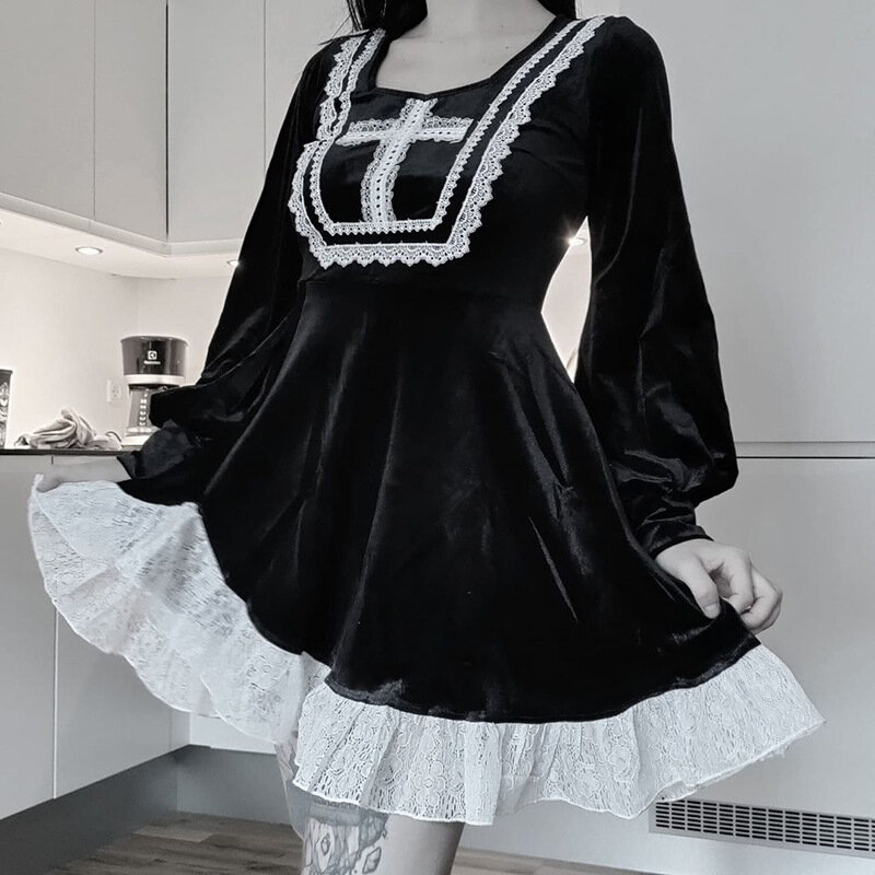 Harajuku y2k vestido preto para as mulheres moda cruz rendas velet lanterna manga vestido menina legal vestido de renda 2022 vestido de primavera outono