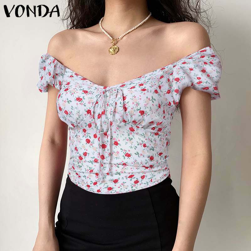ดอกไม้ Tops 2021 VONDA ผู้หญิง Vintage พิมพ์เสื้อพัฟแขนเสื้อแขนสั้น Femme Bohemian Top Blusas