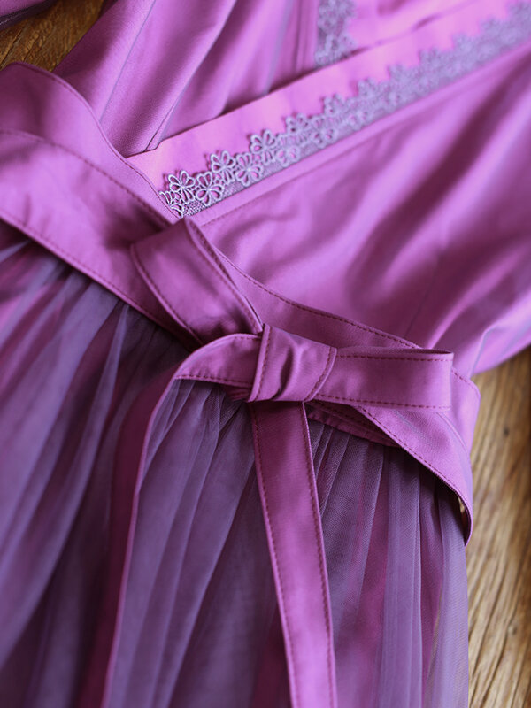Vestido de malla vintage de cáñamo de algodón para mujer, vestido francés púrpura Delgado, cintura de temperamento, novedad de Verano de 2020