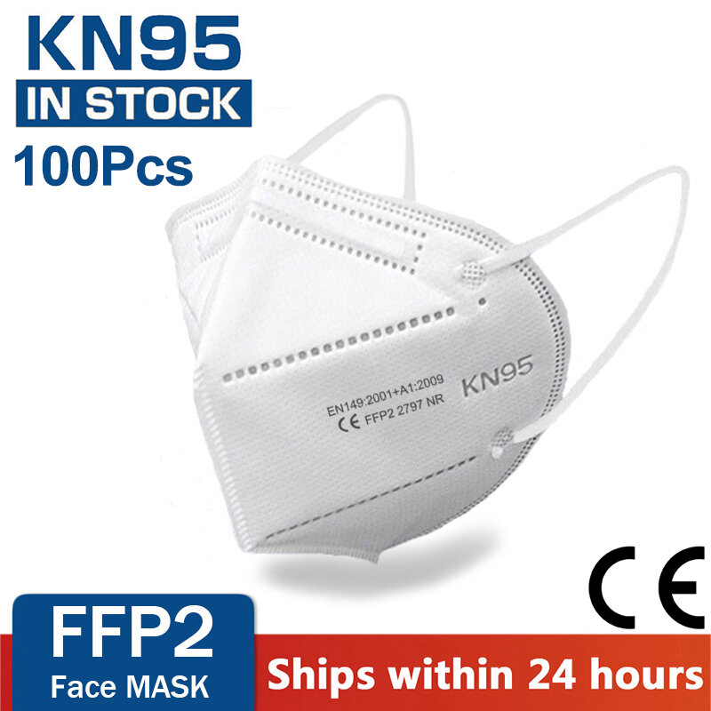 Mascarilla facial KN95 de 5 capas con filtro, máscara PM2.5 FFP2 no tejida, protectora de la salud, 100 Uds., entrega rápida