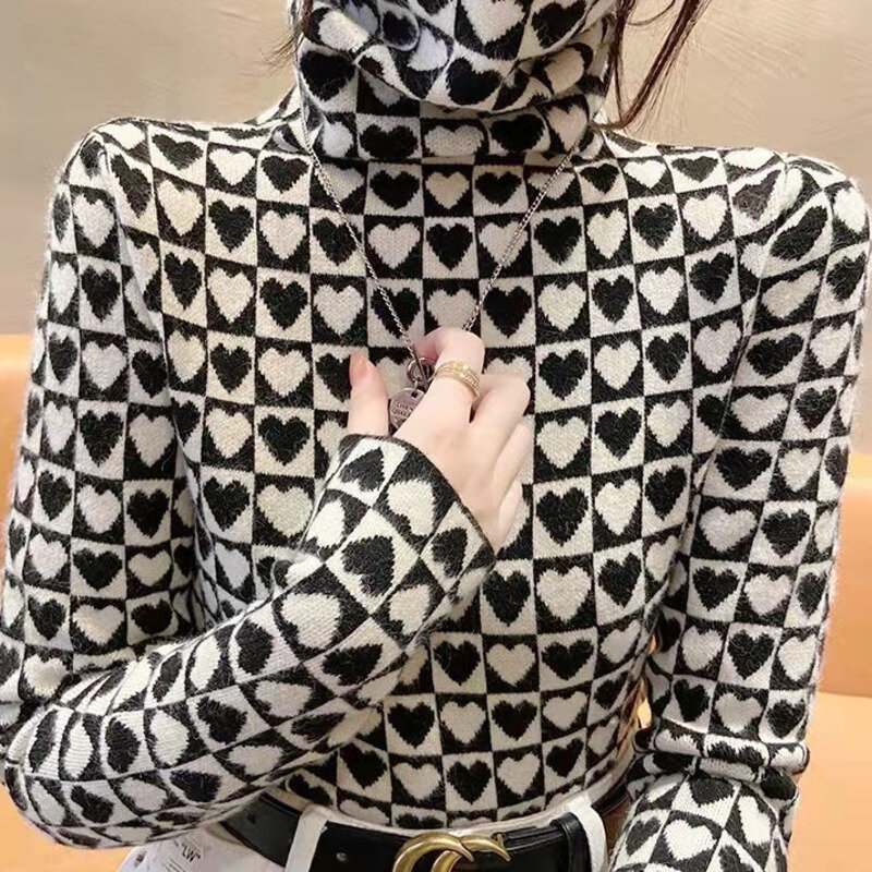 Inverno 2021 camisola de gola alta feminina coreano moda lã houndstooth camisola de luxo pull femme sexy xadrez pulôver para mulher