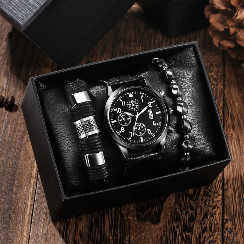 Conjunto de relojes de pulsera para Hombre, Reloj deportivo de pulsera de cuero, de cuarzo, informal, de negocios, con calendario, regalo