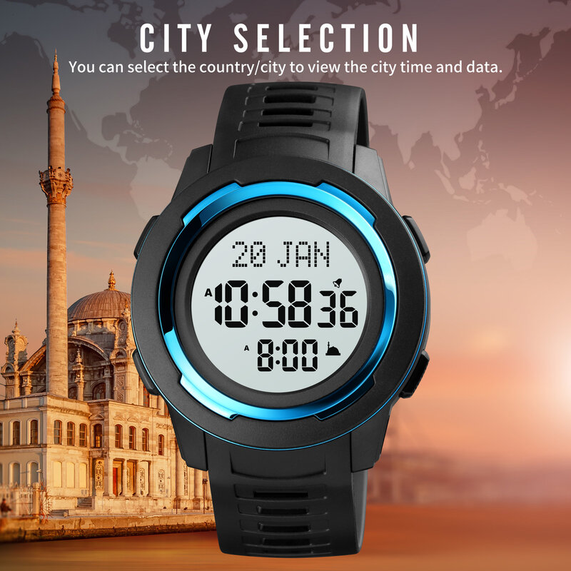 SKMEI Qibla นาฬิกามุสลิมเข็มทิศกีฬานาฬิกาข้อมือผู้ชายนาฬิกาดิจิตอล Qibla ทิศทาง City เลือก Wach สำหรับชาย ...