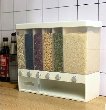 10KG Wall Mounted Divided Rice and Cereal Dispenser  Plastic Cereal Storage Box Moisture Proof Plastic Sealed Kitchen